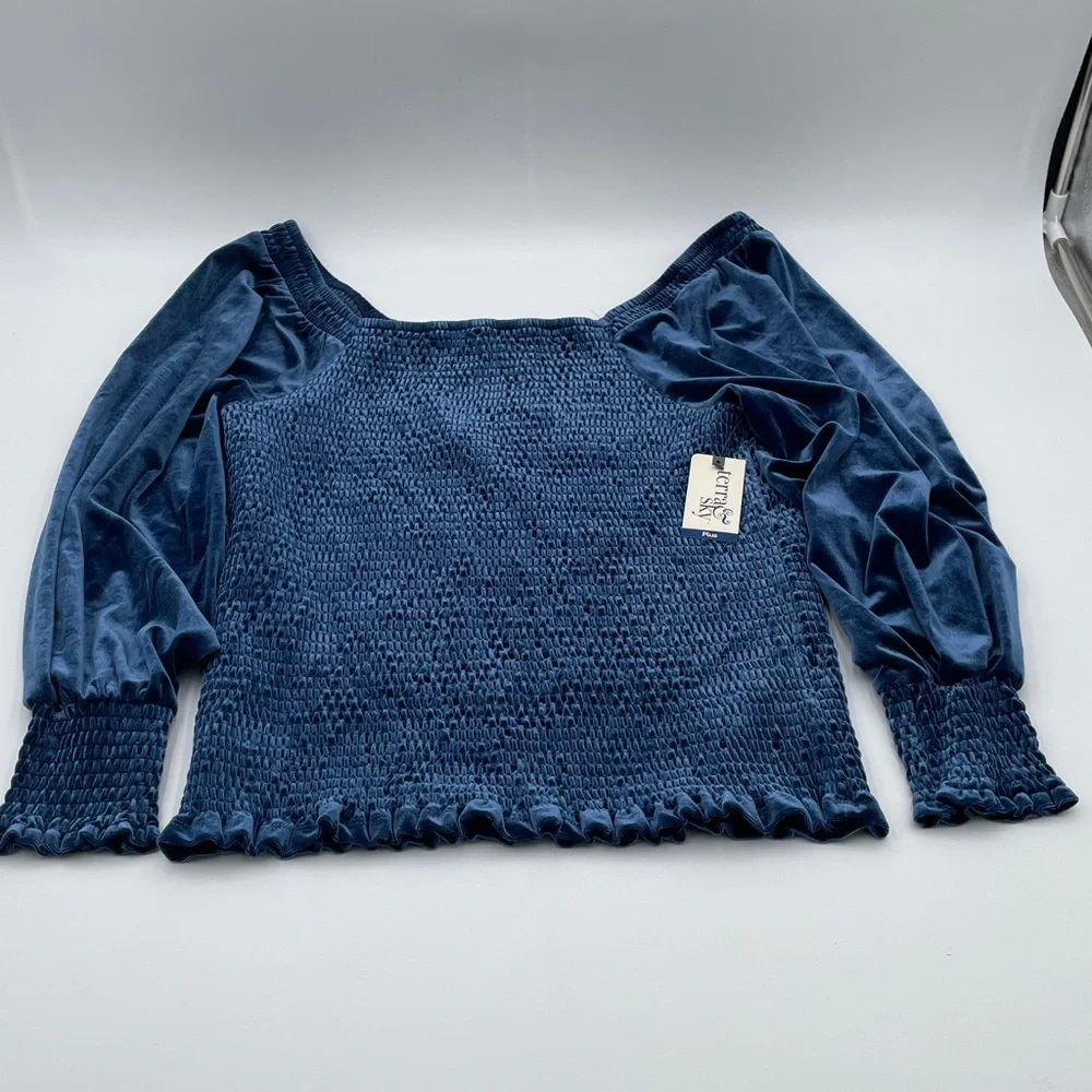 Terra & Sky Elegant Blue Velvet Smocked Square Neckline Top Christmas Plus Size